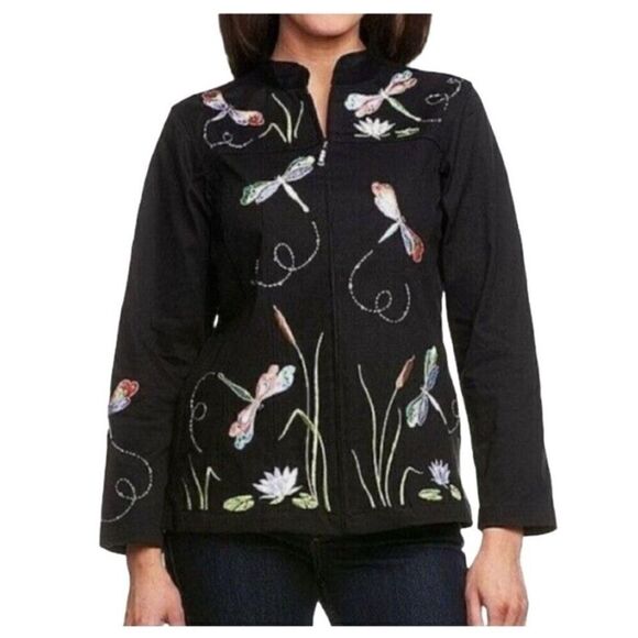 Vintage NWOT Quaker Factory Black Embroidered Dragon Fly Zip Front POCKET - Picture 2 of 9